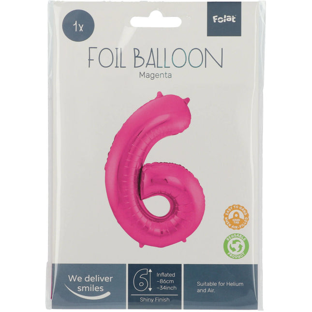 Folienballon Figur 6 Fuchsia Metallic XL 86cm leer