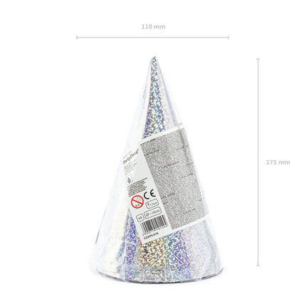 Silberne Partyhüte Holographisch 16cm 6Stk