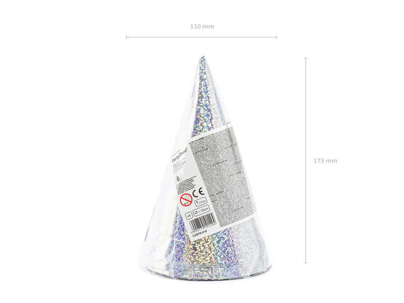 Silberne Partyhüte Holographisch 16cm 6Stk