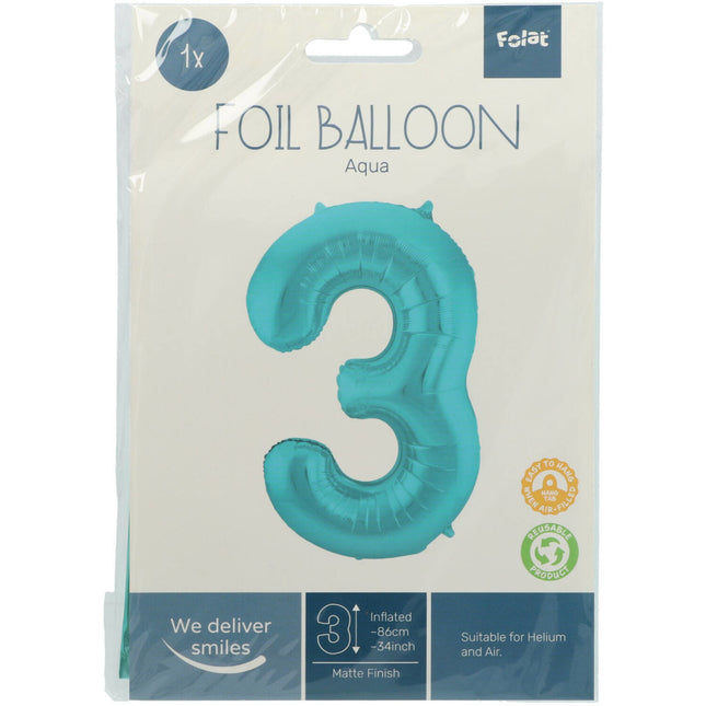 Folienballon Figur 3 Pastell Mintgrün XL 86cm Leer