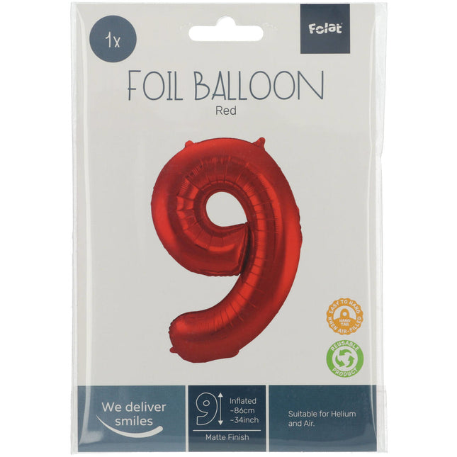 Folienballon Figur 9 Matt Rot XL 86cm leer