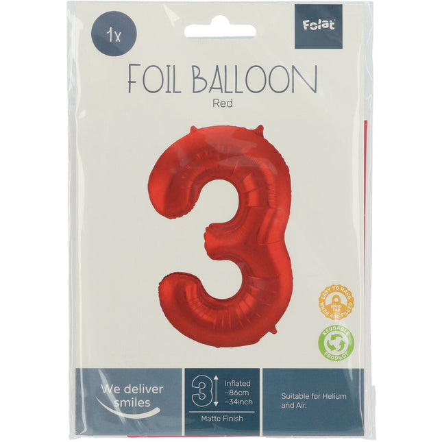 Folienballon Figur 3 Matt Rot XL 86cm leer