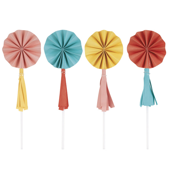 Bunte Cupcake Topper Mini Fächer mit Quasten 8 Stk.