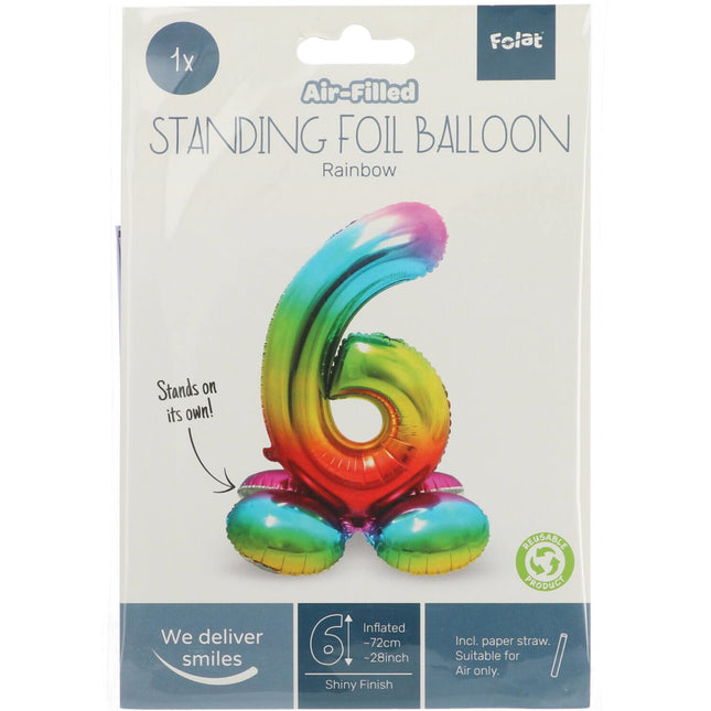 Folienballon Figur 6 Regenbogen mit Ständer 72cm