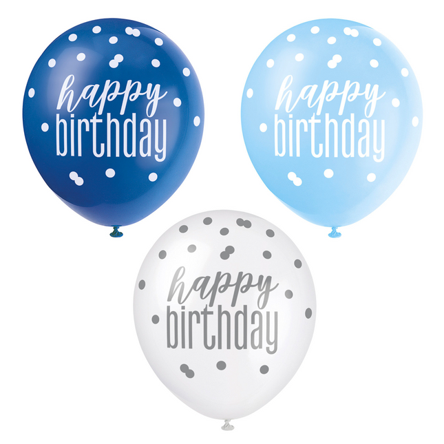 Happy Birthday Ballons Dots Blau 30cm 6 Stück