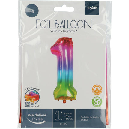 Folienballon Figur 1 Regenbogen XL 81cm leer