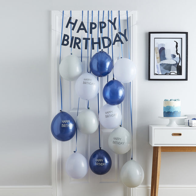 Blauer Happy Birthday Türvorhang mit Ballons