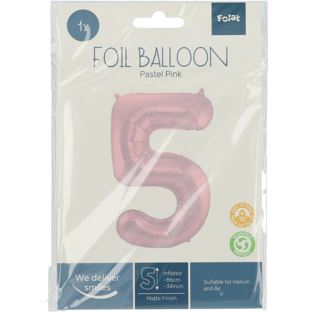 Folienballon Figur 5 Pastellrosa XL 86cm leer