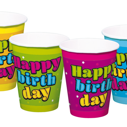 Happy Birthday Becher farbig 250ml 8 Stk.