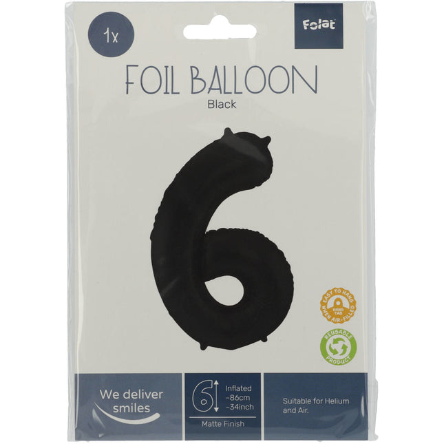 Folienballon Figur 6 Matt Schwarz XL 86cm leer