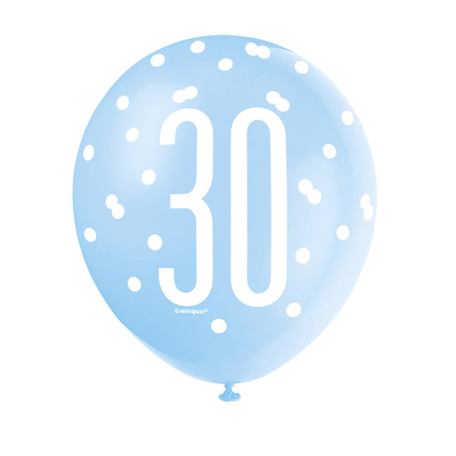 Ballons 30 Jahre Dots Blau 30cm 6Stück