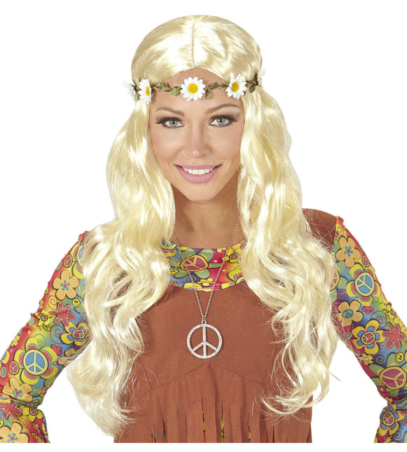 Hippie 60S Perücke Blond mit geblümtem Haarband