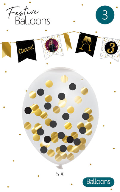 Konfetti Ballons Gold Schwarz 30cm 5Stück