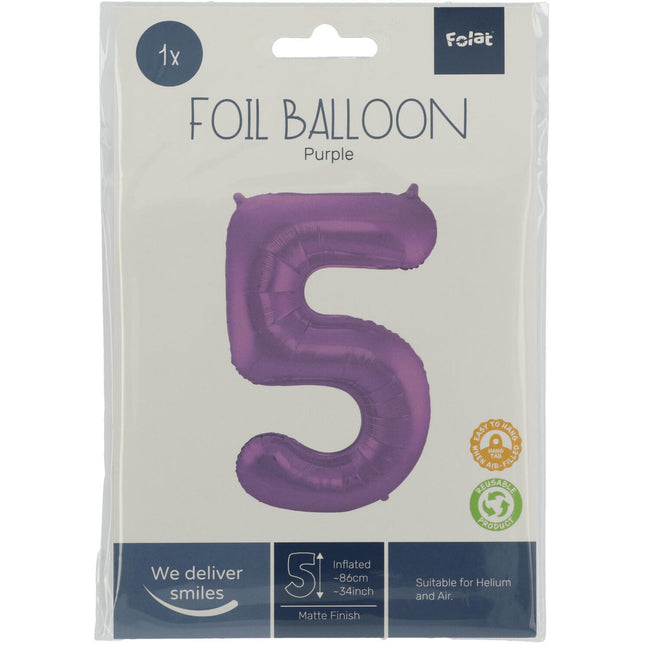 Folienballon Figur 5 Matt Lila XL 86cm leer