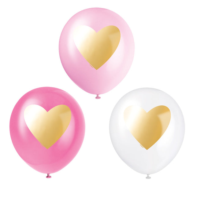 Ballons Rosa mit goldenem Herz 30cm 6 Stk.