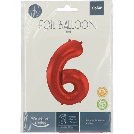 Folienballon Figur 6 Matt Rot XL 86cm leer