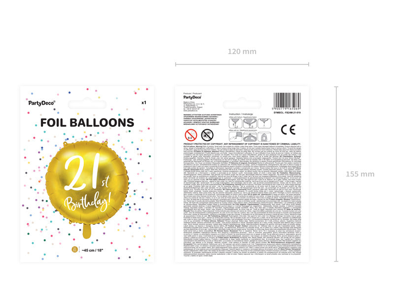 Helium Ballon 21Th Geburtstag Gold Leer 45cm