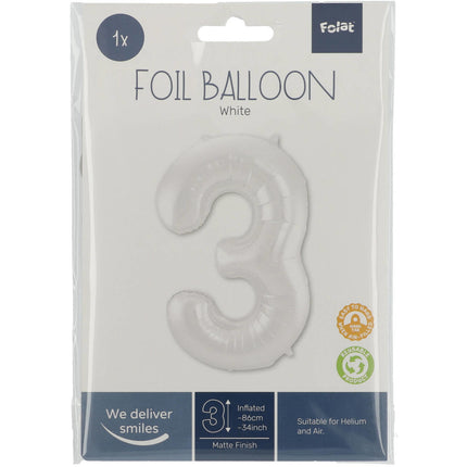 Folienballon Figur 3 Matt Weiß XL 86cm leer