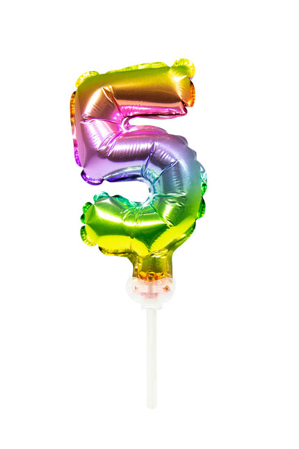 Folienballon Figur 5 Regenbogen 13cm mit Stick