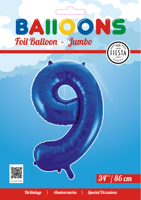 Folienballon Figur 9 Blau XL 86cm leer