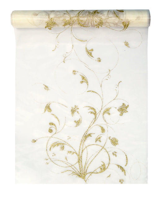 Vanille Creme Organza Stoff Gold Blumen 36cm 9m