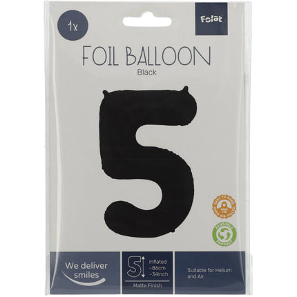 Folienballon Figur 5 Matt Schwarz XL 86cm leer