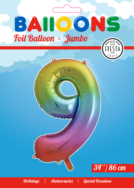 Folienballon Figur 9 Regenbogen XL 86cm leer