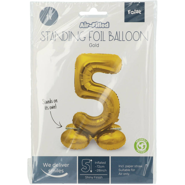 Folienballon Figur 5 Gold mit Ständer 72cm