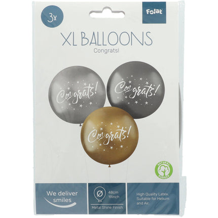 Ballons Glückwünsche Schwarz Silber Gold 48cm 3Stück