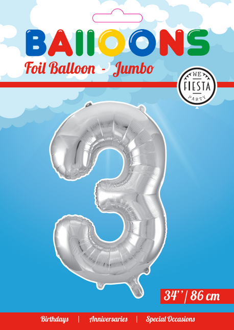 Folienballon Figur 3 Silber XL 86cm leer