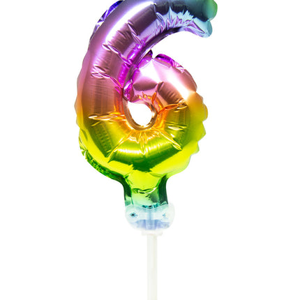 Folienballon Figur 6 Regenbogen 13cm mit Stick