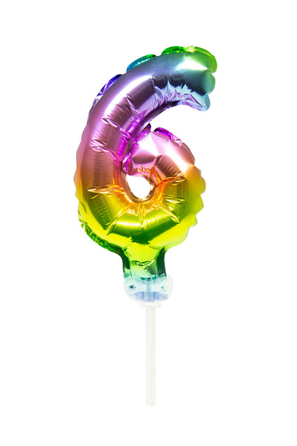 Folienballon Figur 6 Regenbogen 13cm mit Stick