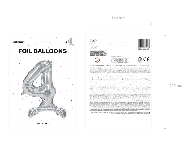 Folienballon Figur 4 Silber Standard Leer 70cm