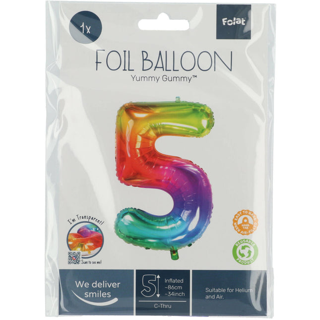 Folienballon Figur 5 Regenbogen XL 81cm leer