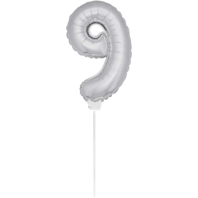 Folienballon Figur 9 Silber 36cm mit Stab