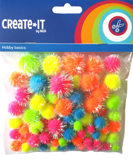 Pompons Glitter Neon Mix 75Stück