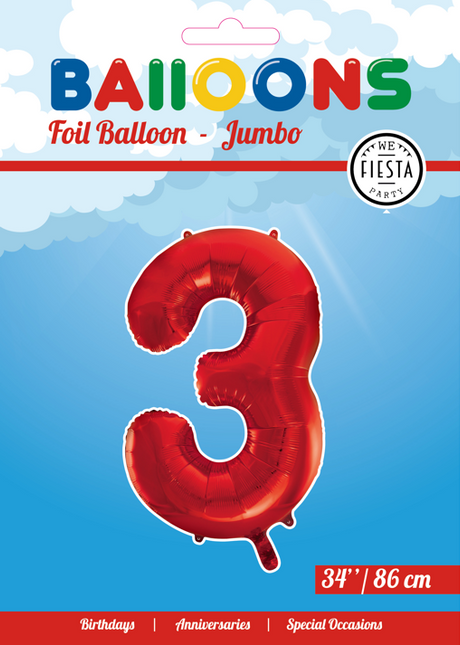 Folienballon Figur 3 Rot XL 86cm leer