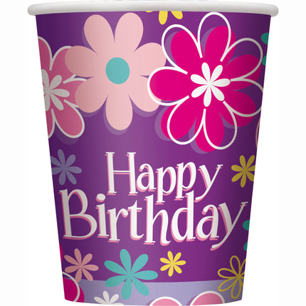 Happy Birthday Becher Blumen 266ml 8 Stück