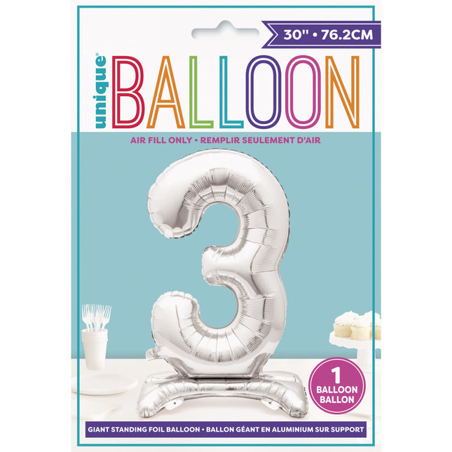 Folienballon Figur 3 Silber Standard 76cm