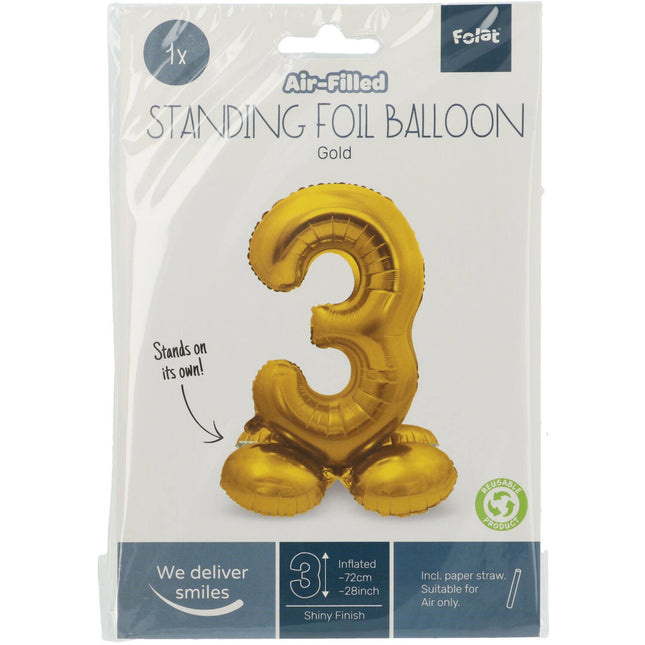 Folienballon Figur 3 Gold mit Ständer 72cm