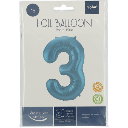 Folienballon Figur 3 Pastellblau XL 86cm leer