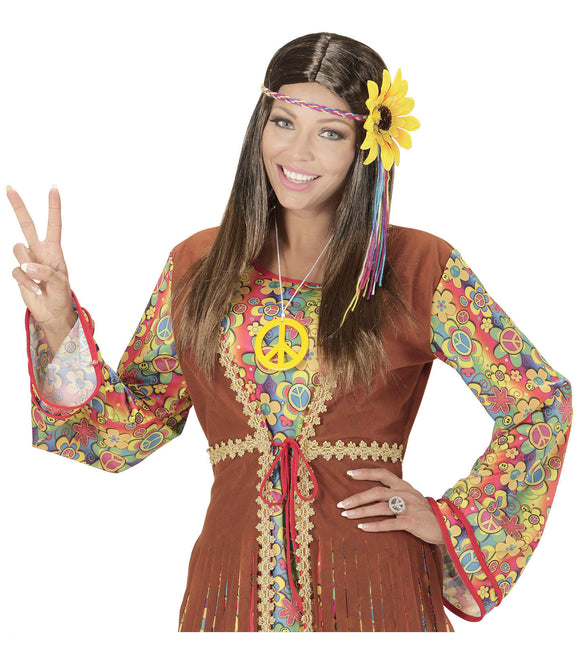 Hippie 60S Perücke Braun mit Sonnenblumen-Haarband