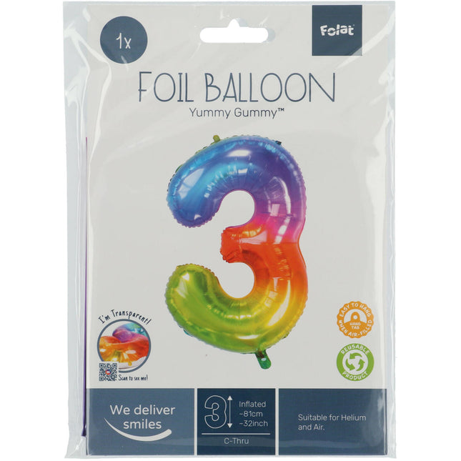 Folienballon Figur 3 Regenbogen XL 81cm leer