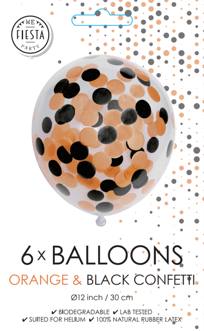 Konfetti Ballons Orange Schwarz 30cm 6Stk