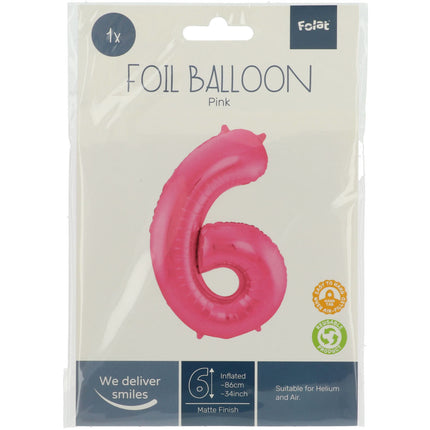 Folienballon Figur 6 Matt Rosa XL 86cm leer