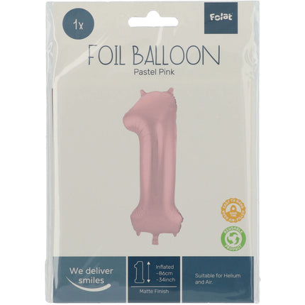 Folienballon Figur 1 Pastellrosa XL 86cm leer