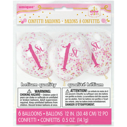 Konfetti Ballons 1 Jahr Rosa 30cm 6Stk