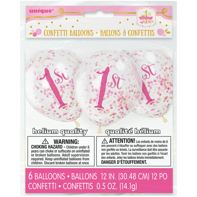 Konfetti Ballons 1 Jahr Rosa 30cm 6Stk