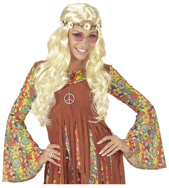 Hippie 60S Perücke Blond mit geblümtem Haarband