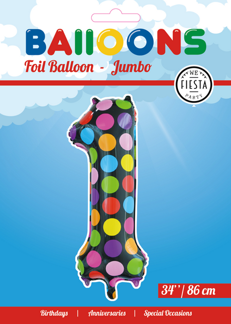 Folienballon Nummer 1 Dots XL 86cm leer